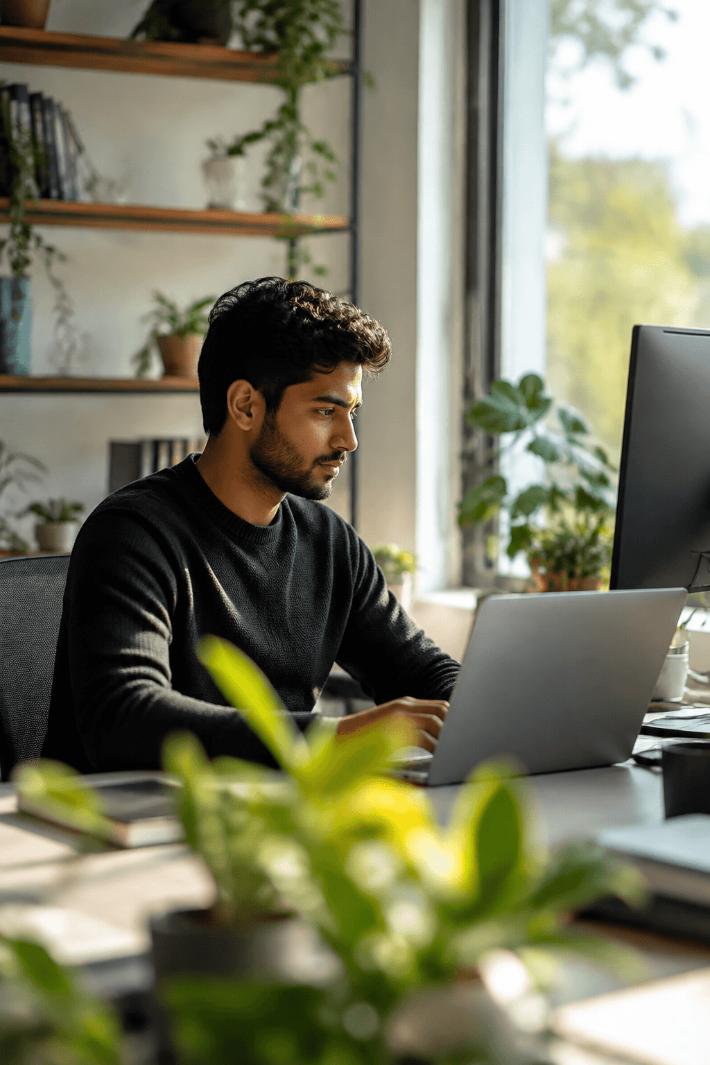 Software engineer working at a sunlit office desk
