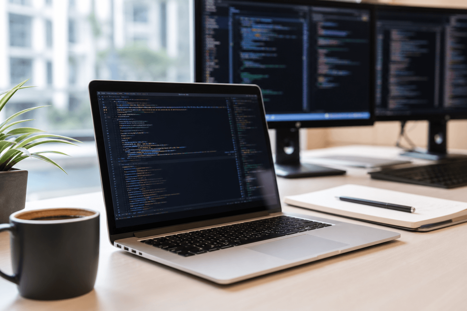 Quiet software workstation with laptop and indoor plants