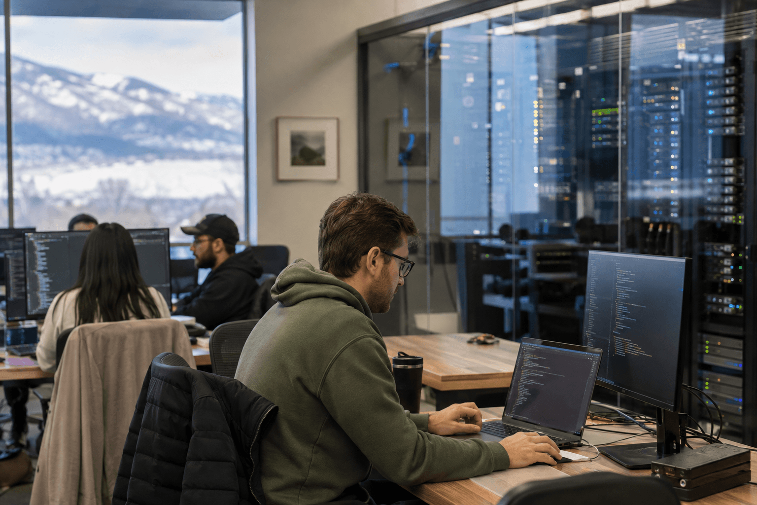 Engineers working near a glass-walled technical room