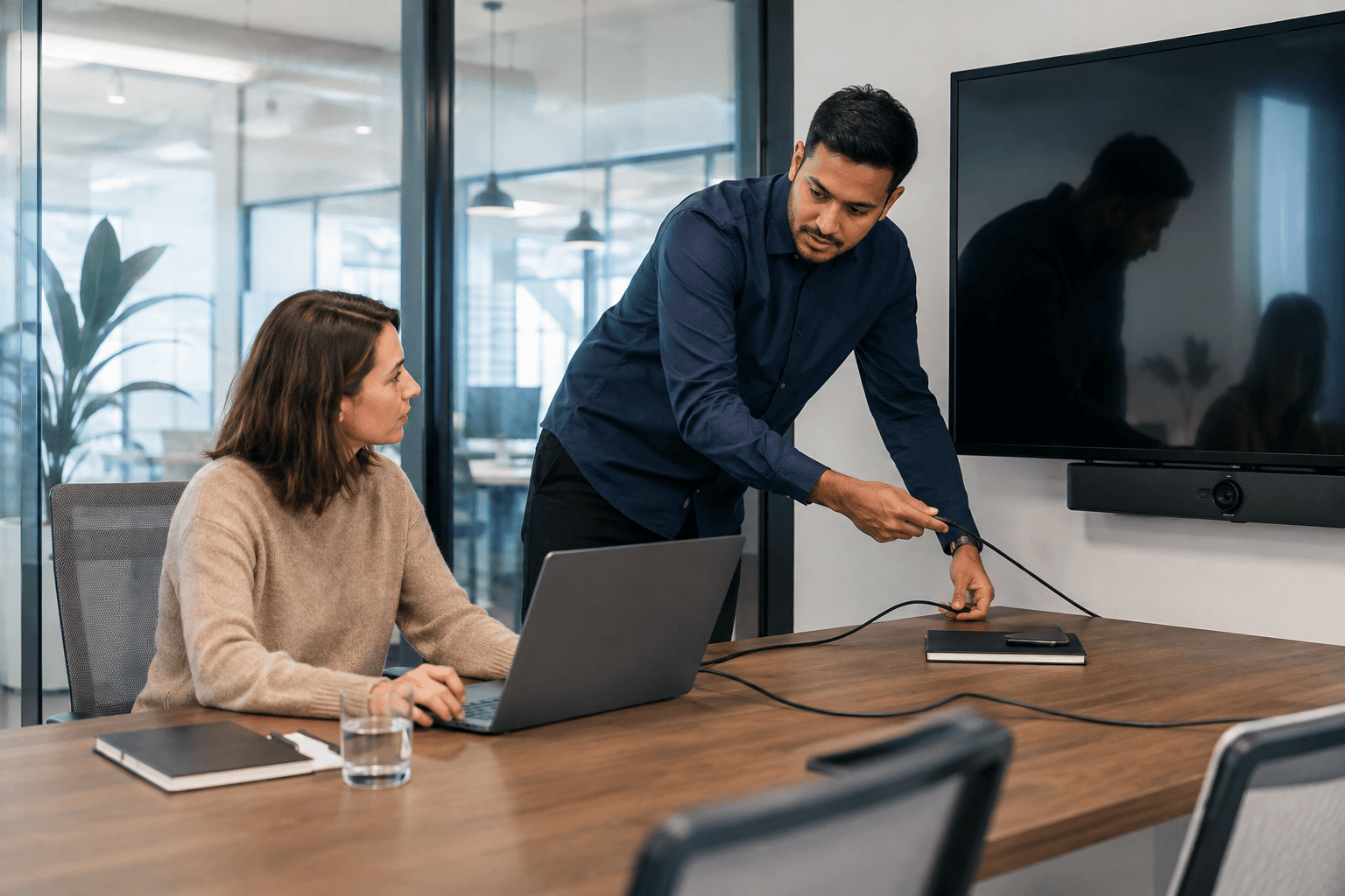 Colleagues connecting systems in a glass meeting room