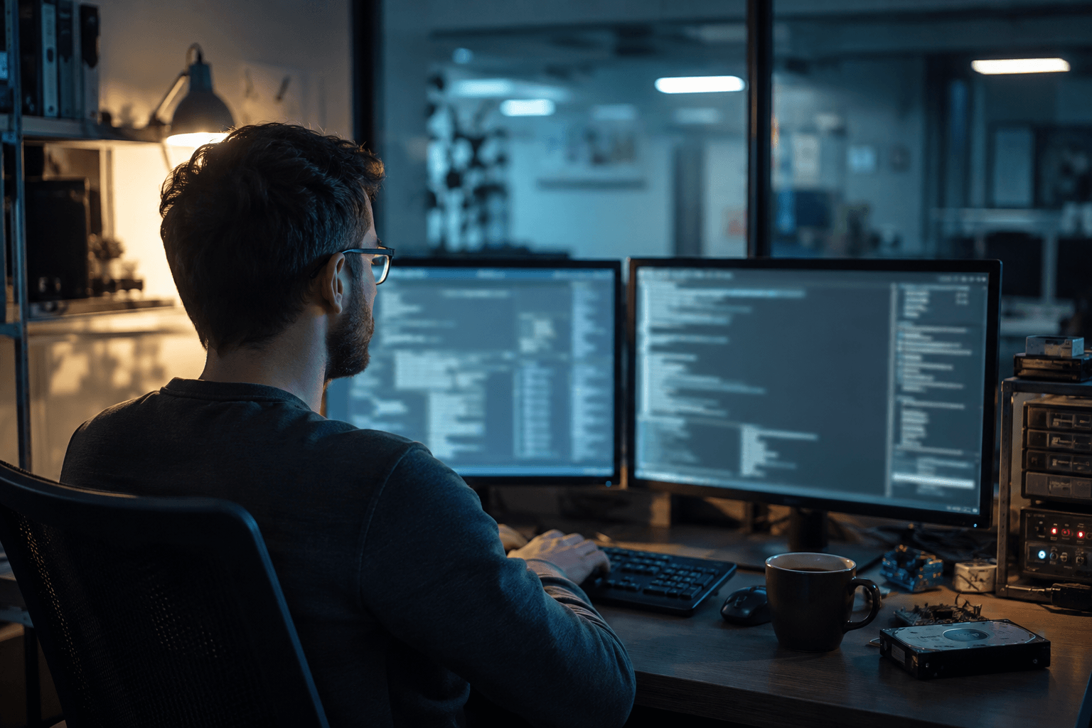 Engineer working at a focused dual-monitor security desk